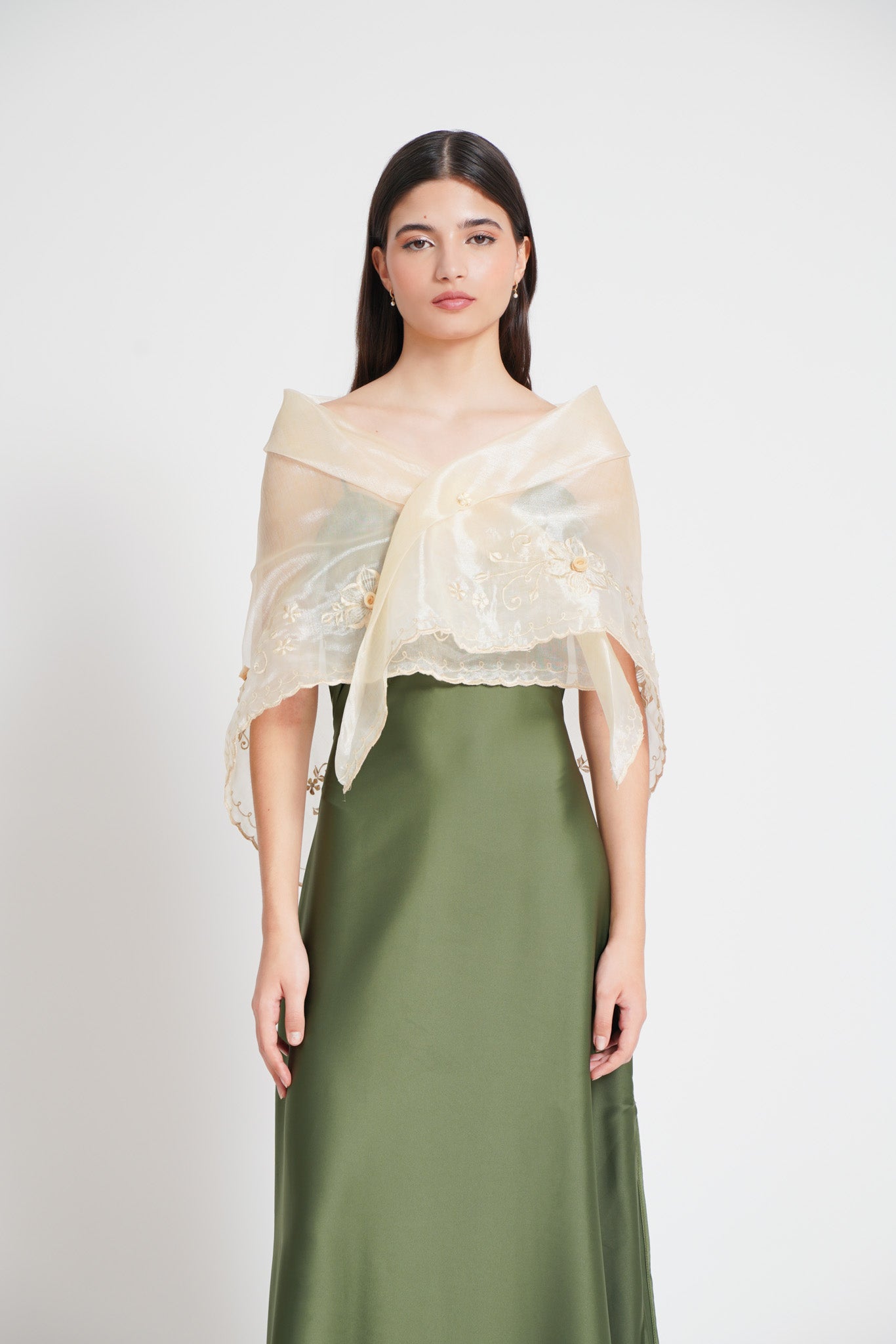 Complete your Filipiniana ensemble with our luxurious hand-embroidered organza shawls.