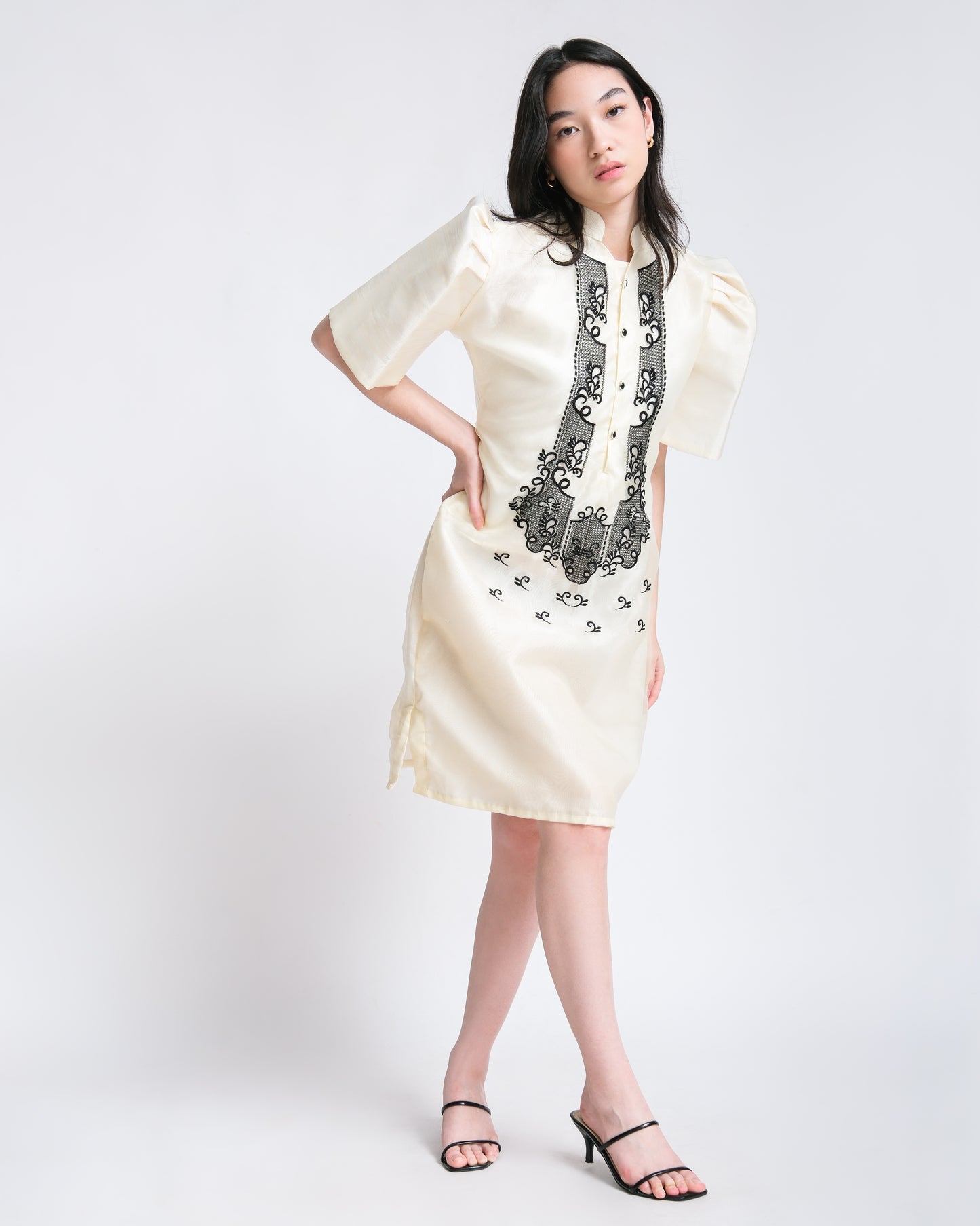 Woman effortlessly wears the Kiara Filipiniana dress, crafted from light organza with elegant black embroidery